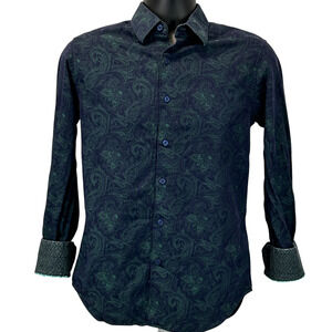 Robert Graham Button Front Shirt XS X-Small Blue Flip Cuffs Floral Paisley